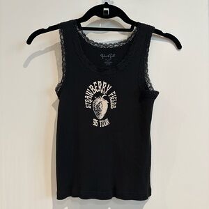 Brandy Melville Black Graphic Rib w/Lace Trim Tank Top, EUC